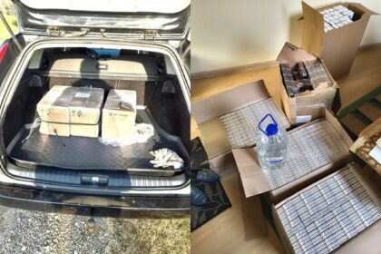 Pasieniečiai sučiupo du vyrus, kurių automobilyje bei sodyboje aptiko beveik 4 tūkst. pakelių nelegalių cigarečių bei 5 litrus skysčio (VSAT nuotr.)
